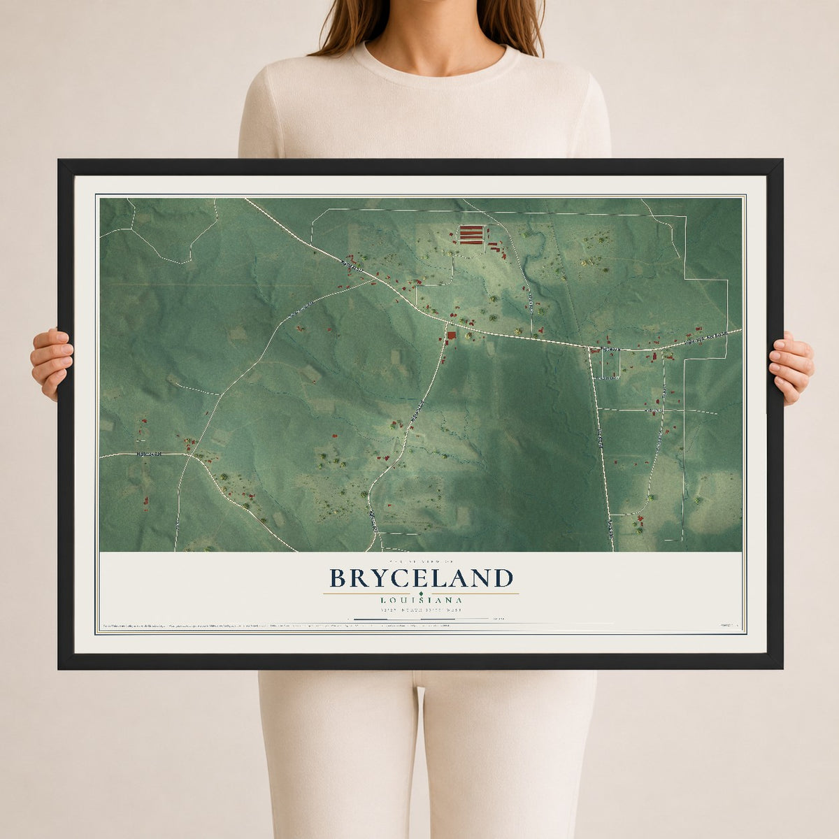 Map of Bryceland, Louisiana, 24 x 36 inch print in a black wood frame