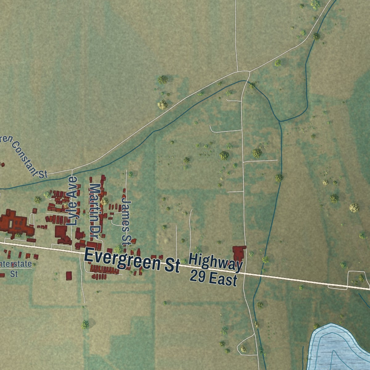 Second close-up of the map of Bunkie, Louisiana print showing more streets and buildings