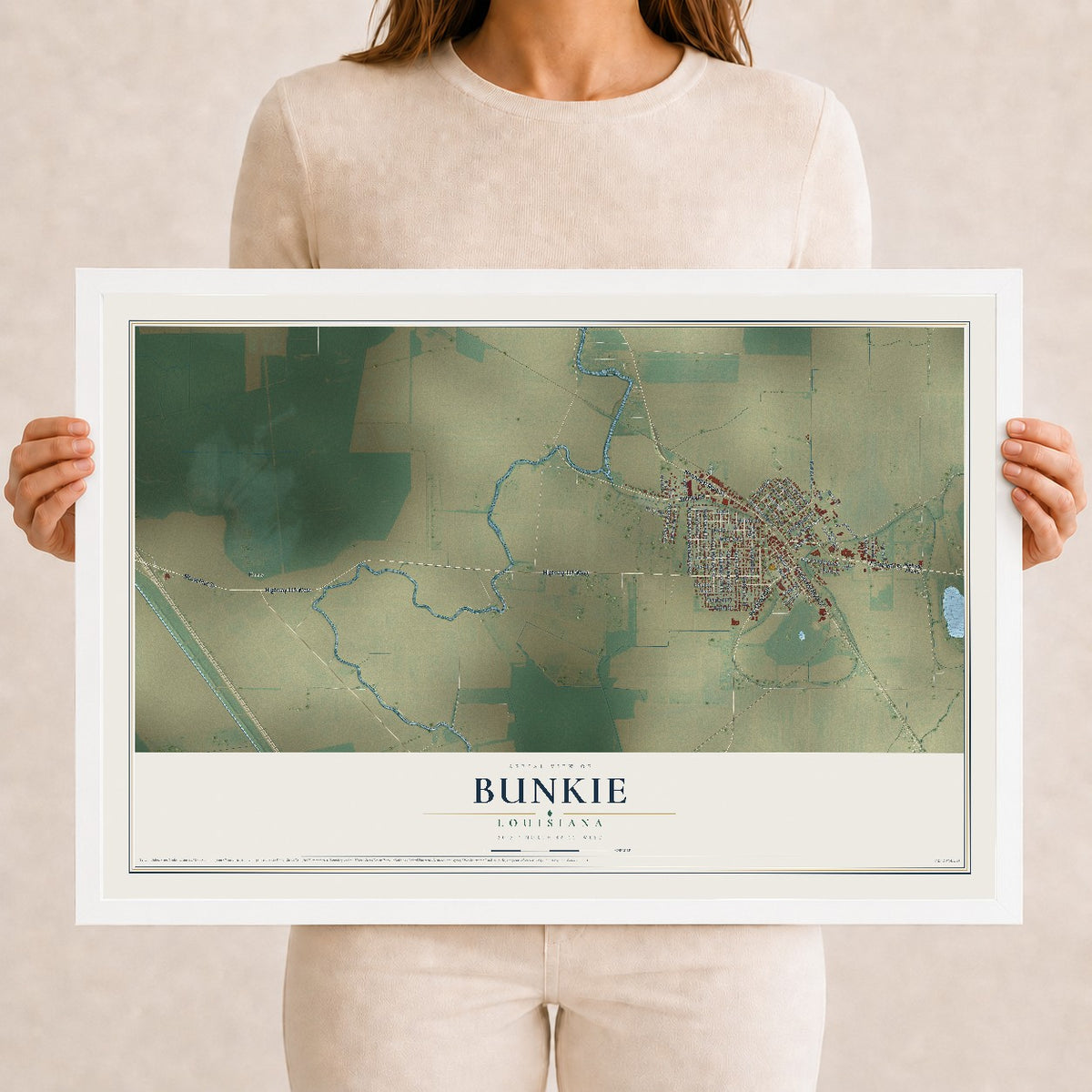 Map of Bunkie, Louisiana, 12 x 18 inch print in a white wood frame