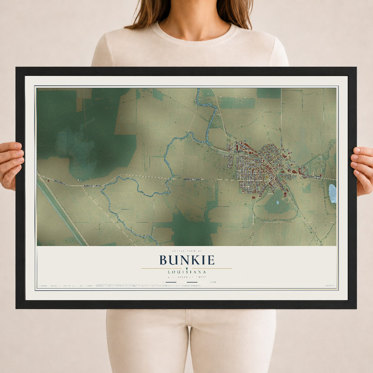 Map of Bunkie, Louisiana, 18 x 24 inch print in a black wood frame