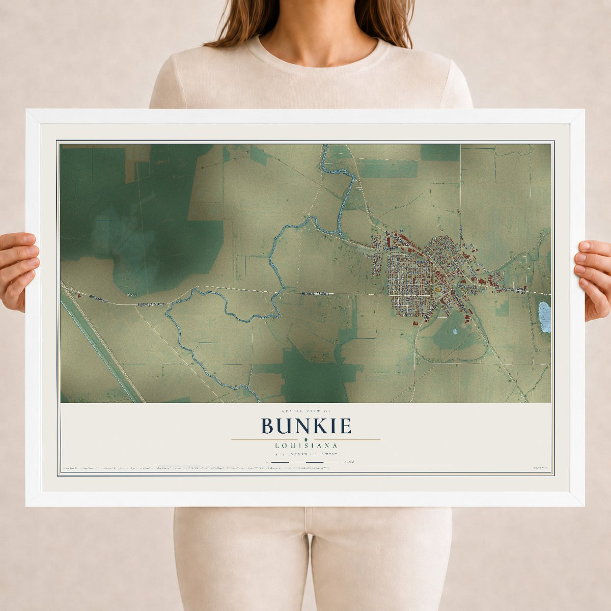 Map of Bunkie, Louisiana, 18 x 24 inch print in a white wood frame