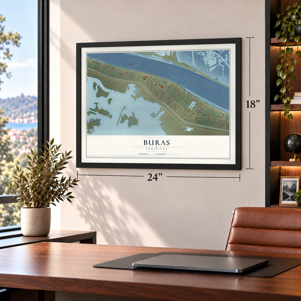 Buras, Louisiana map, 18 x 24 inch print in a black frame in a home office