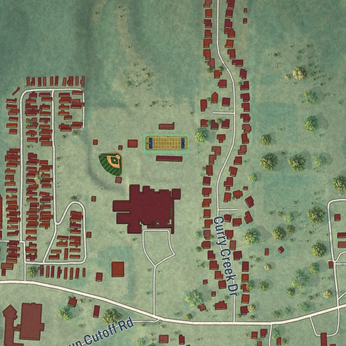 Close-up of the map of Calhoun, Louisiana print showing street and building detail