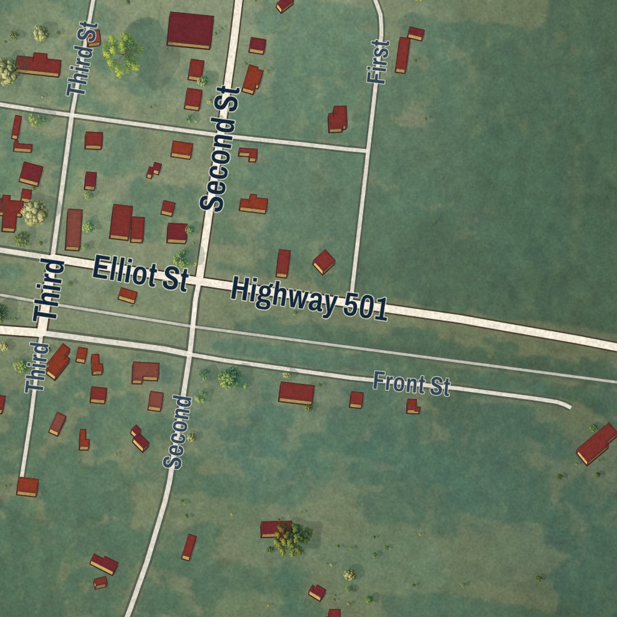 Close-up of the map of Calvin, Louisiana print showing street and building detail