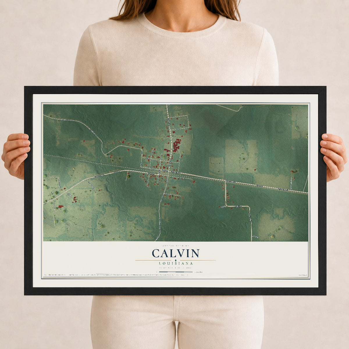 Map of Calvin, Louisiana, 12 x 18 inch print in a black wood frame