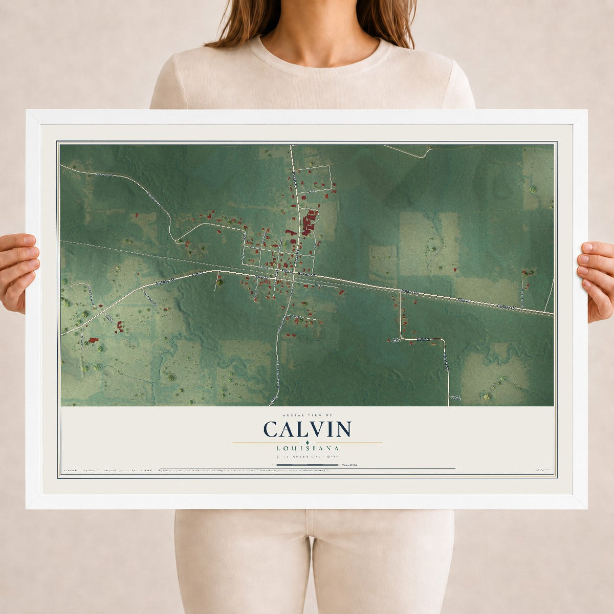 Map of Calvin, Louisiana, 18 x 24 inch print in a white wood frame