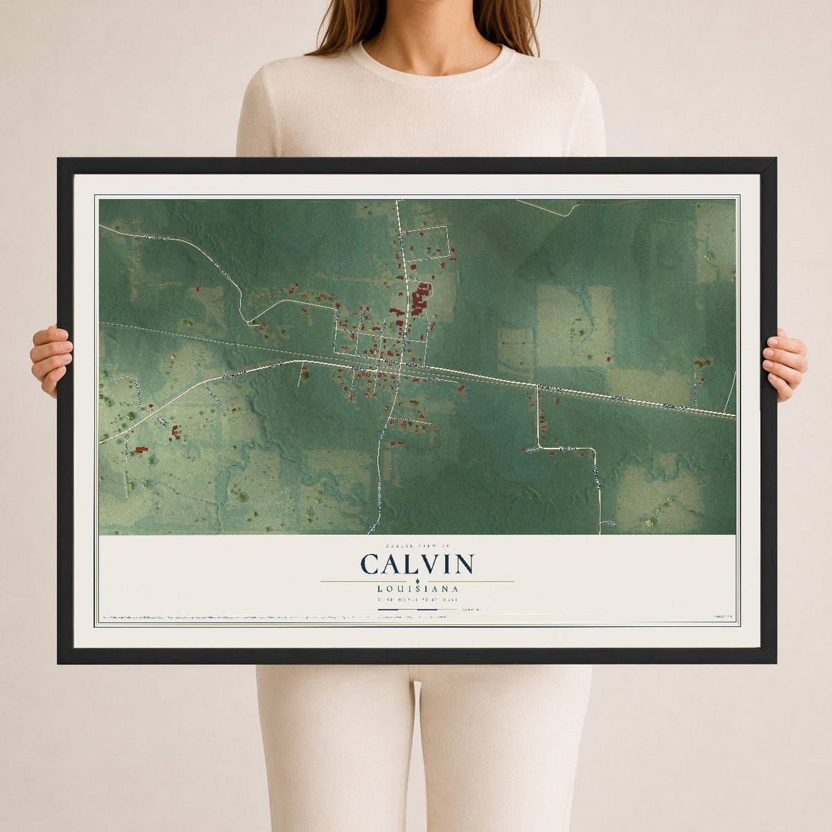 Map of Calvin, Louisiana, 24 x 36 inch print in a black wood frame