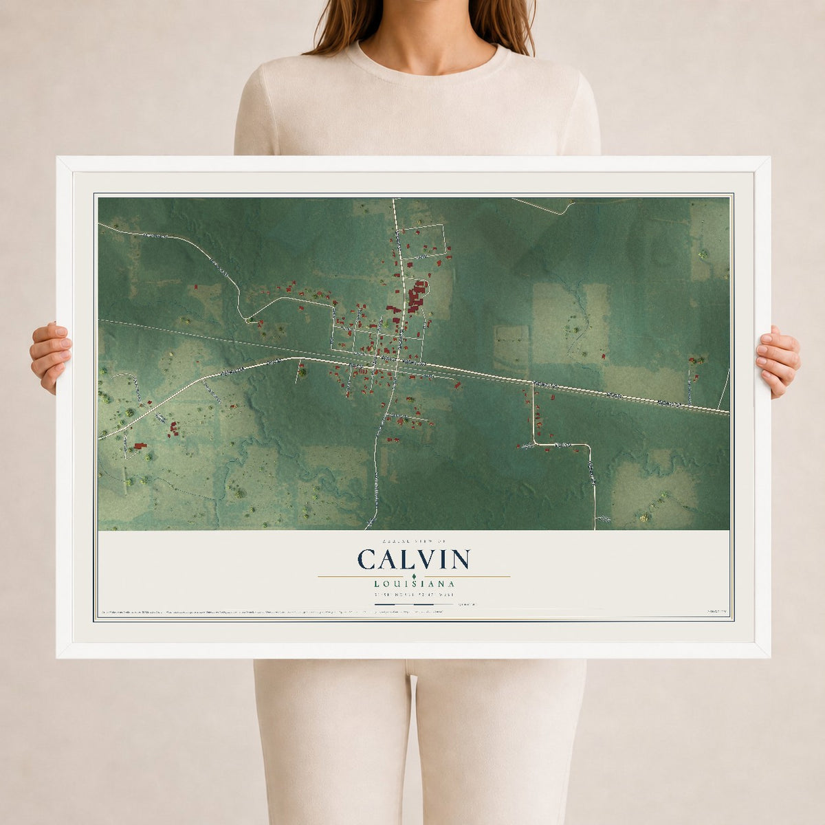 Map of Calvin, Louisiana, 24 x 36 inch print in a white wood frame