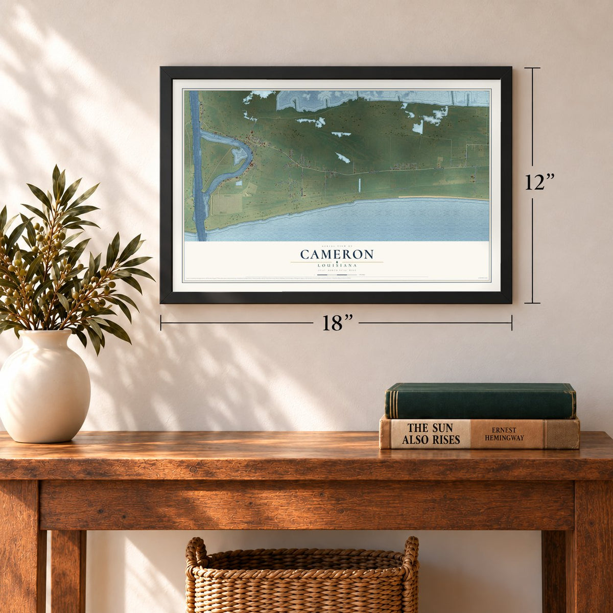 Cameron, Louisiana map, 12 x 18 inch print in a black frame in an entryway