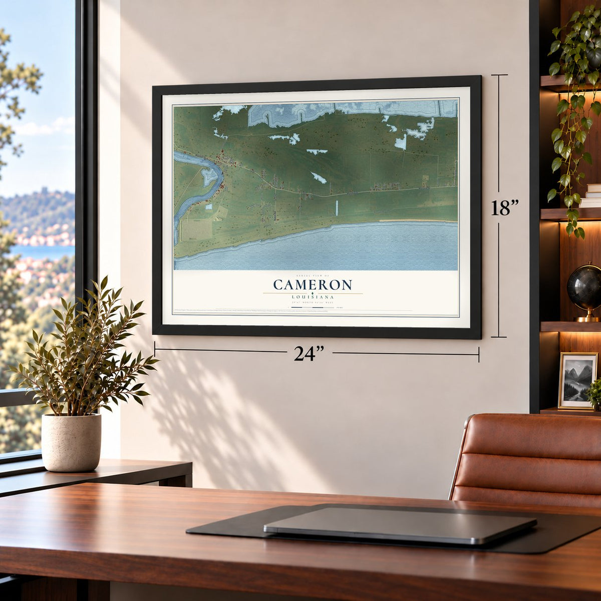Cameron, Louisiana map, 18 x 24 inch print in a black frame in a home office