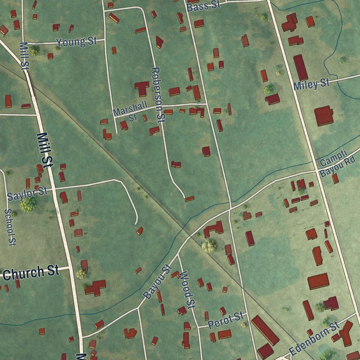 Close-up of the map of Campti, Louisiana print showing street and building detail