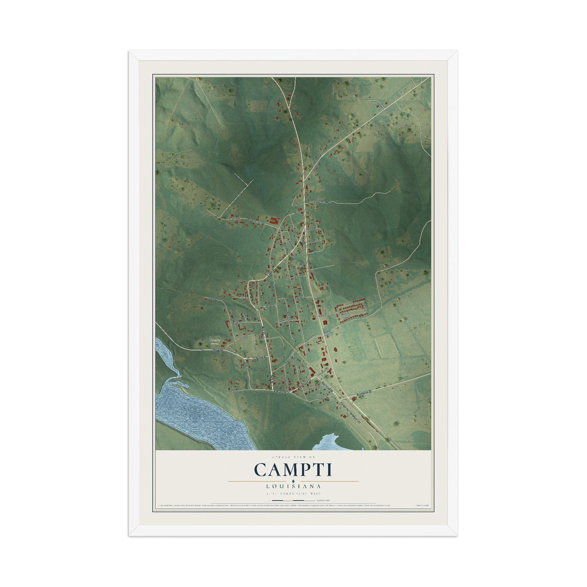 Map of Campti, Louisiana, 12 x 18 inch print in a white wood frame