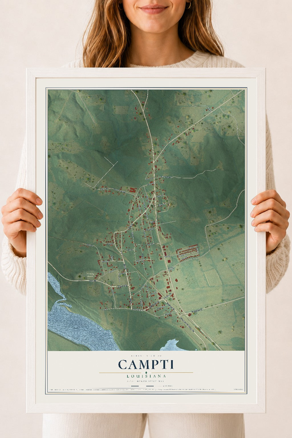Map of Campti, Louisiana, 18 x 24 inch print in a white wood frame
