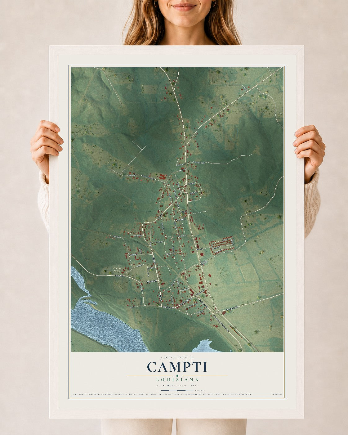 Map of Campti, Louisiana, 24 x 36 inch print in a white wood frame