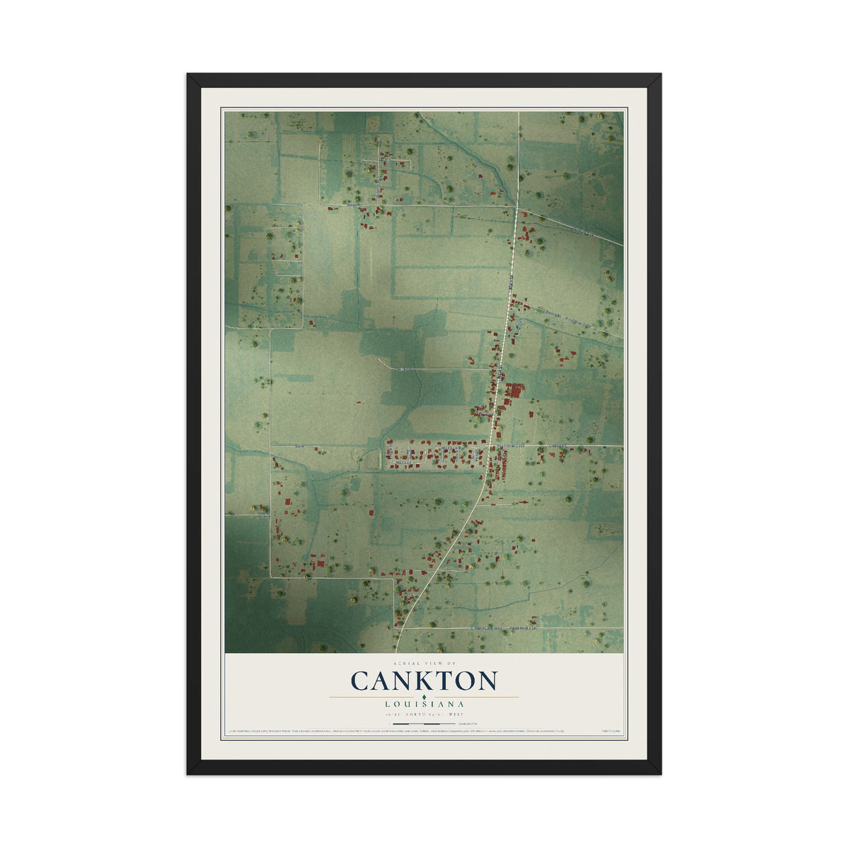 Map of Cankton, Louisiana, 12 x 18 inch print in a black wood frame