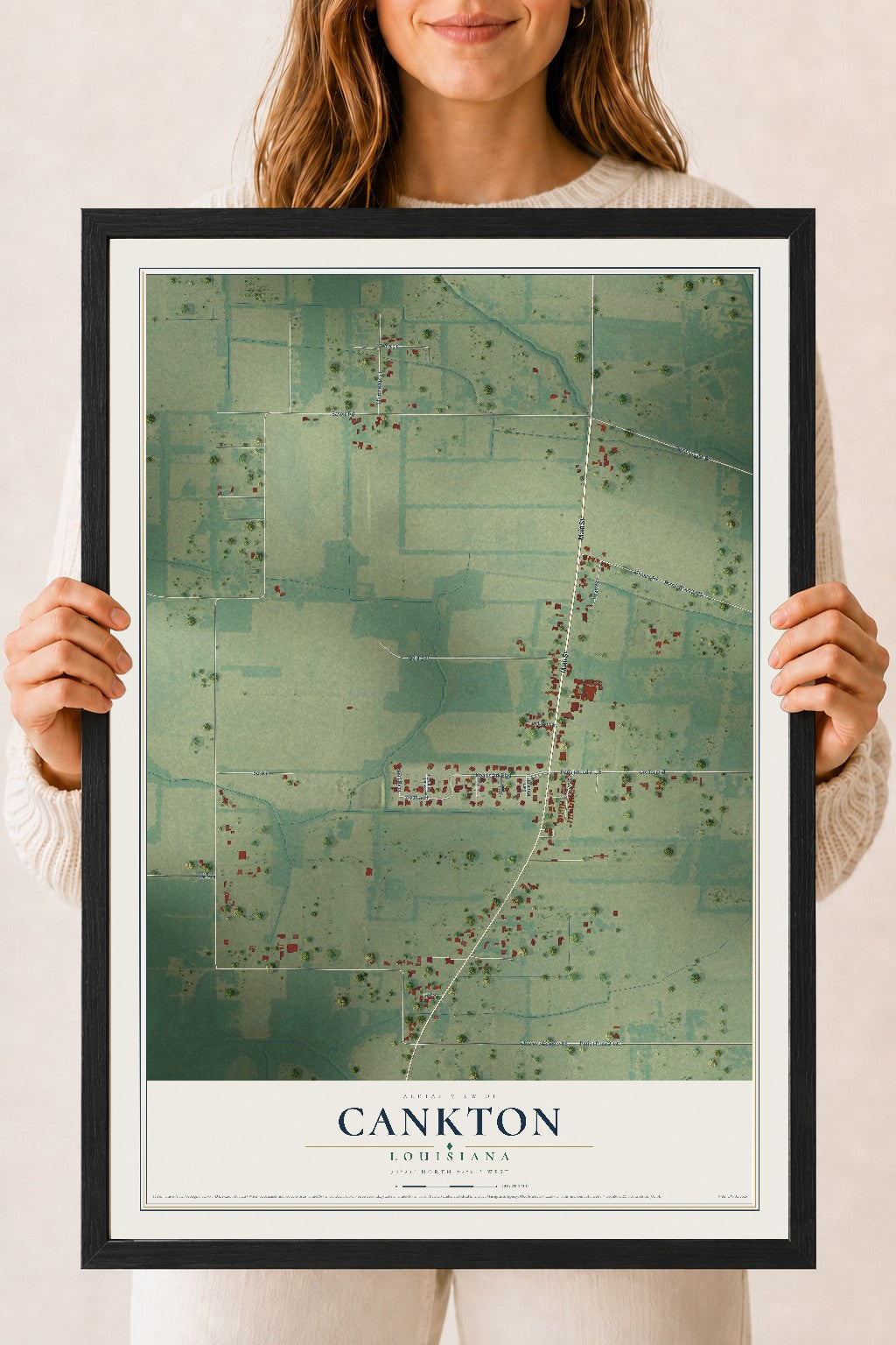 Map of Cankton, Louisiana, 18 x 24 inch print in a black wood frame