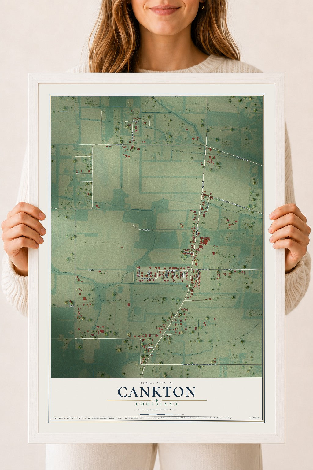 Map of Cankton, Louisiana, 18 x 24 inch print in a white wood frame