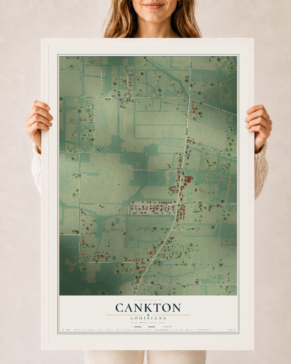 Map of Cankton, Louisiana, 24 x 36 inch print in a white wood frame