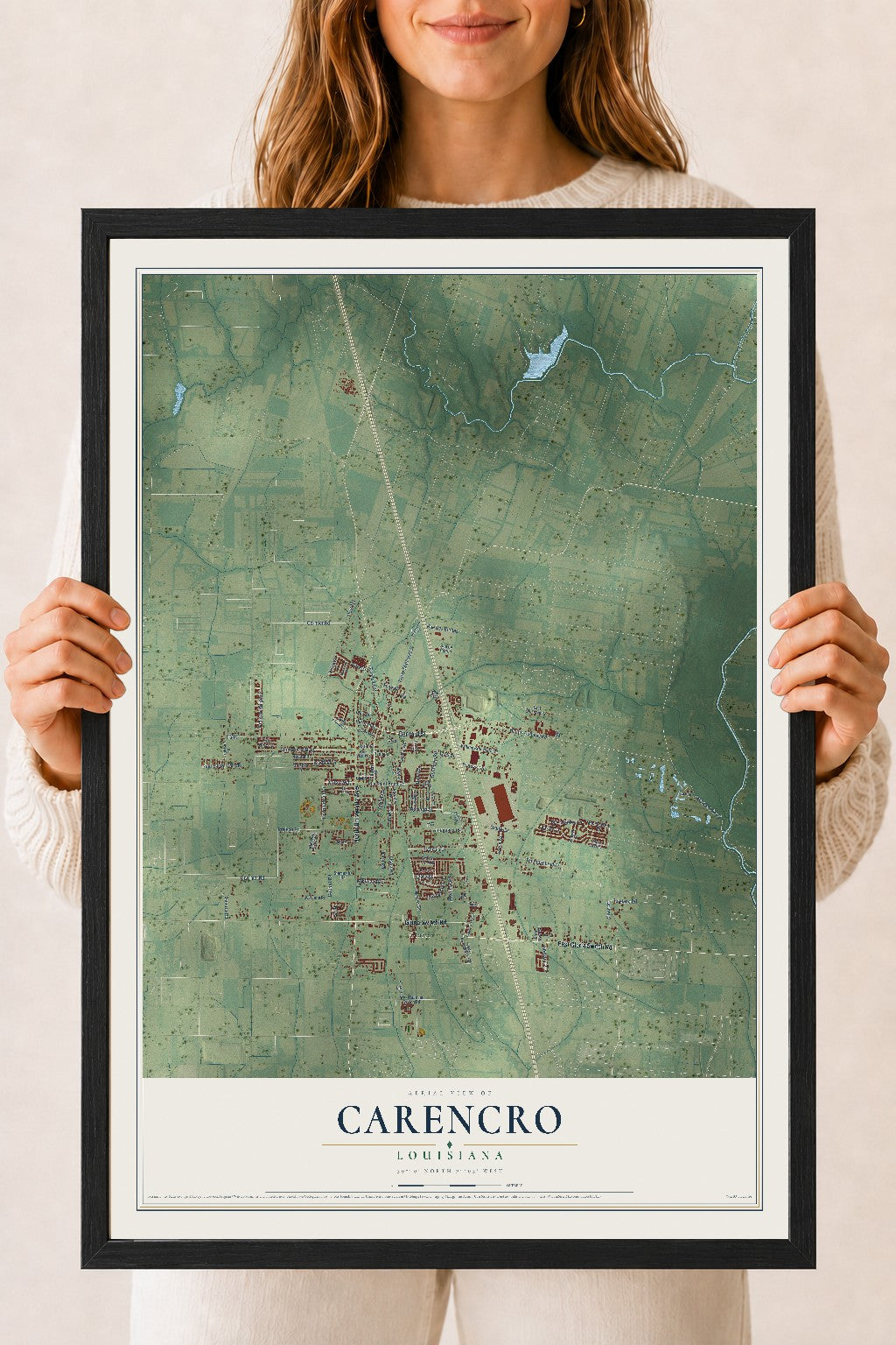 Map of Carencro, Louisiana, 18 x 24 inch print in a black wood frame