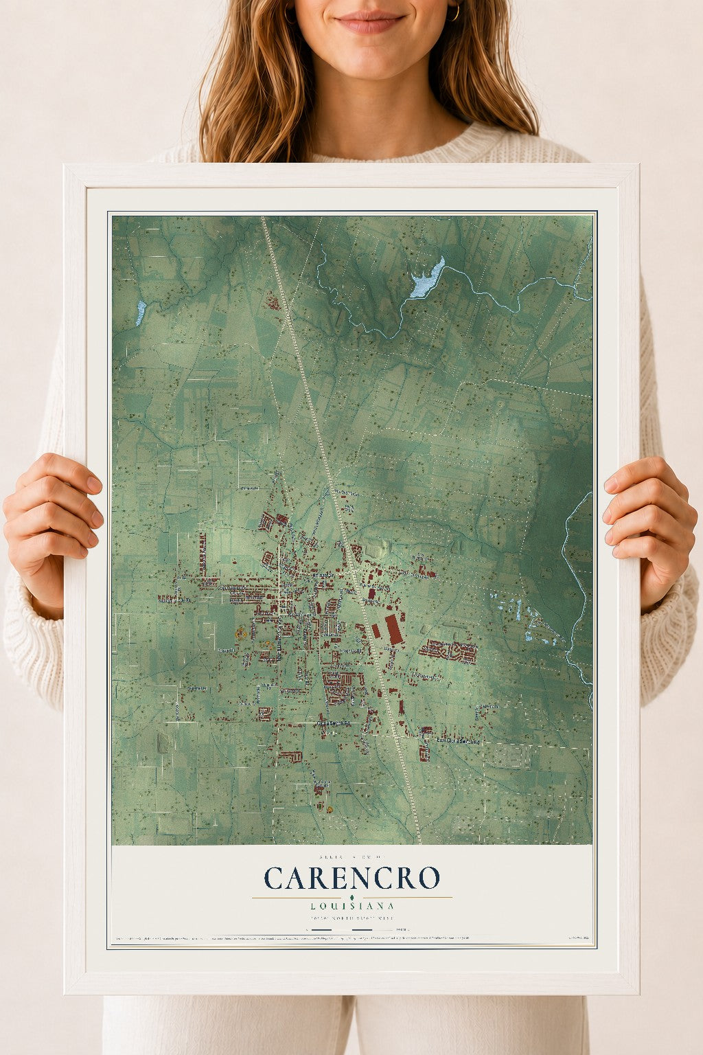 Map of Carencro, Louisiana, 18 x 24 inch print in a white wood frame