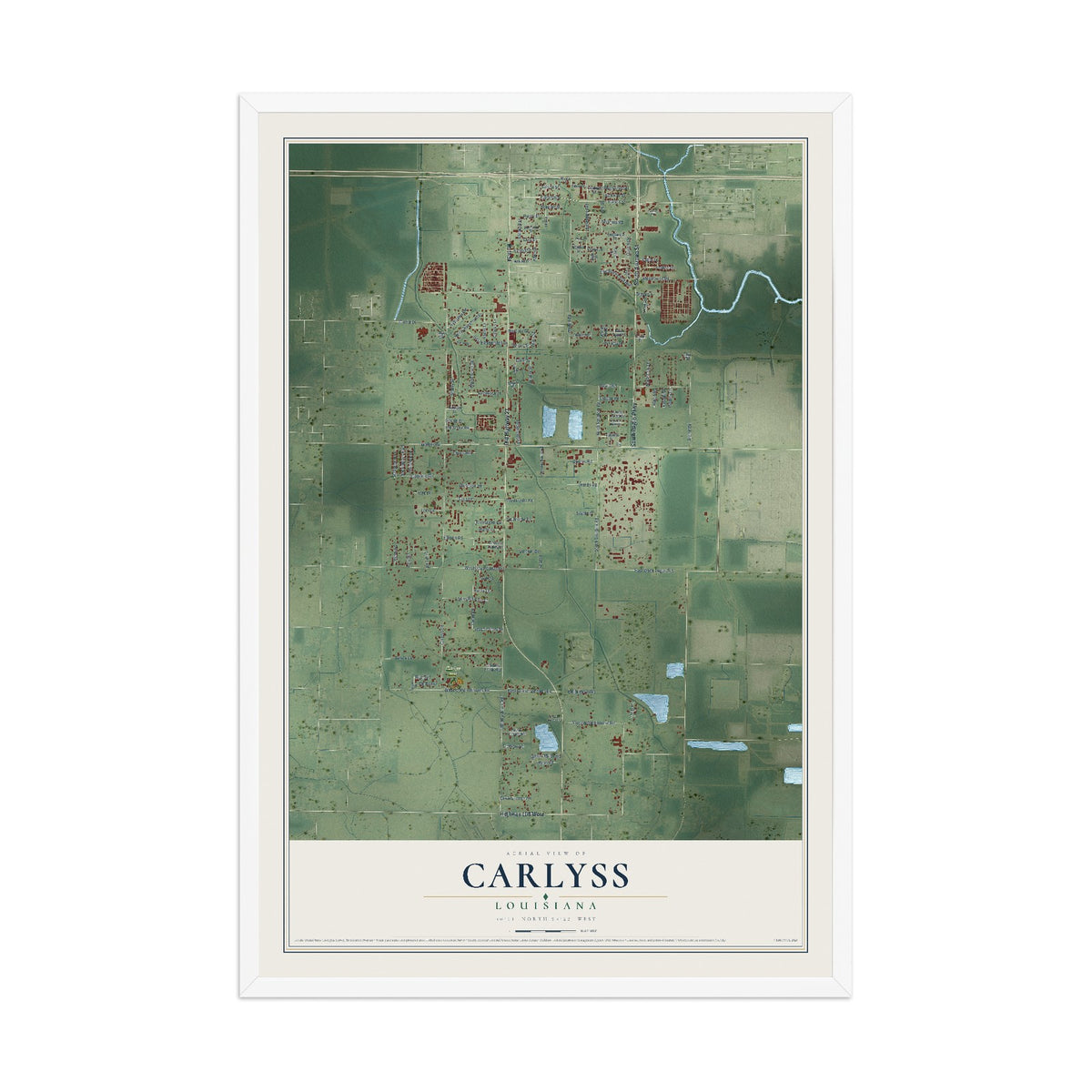 Map of Carlyss, Louisiana, 12 x 18 inch print in a white wood frame