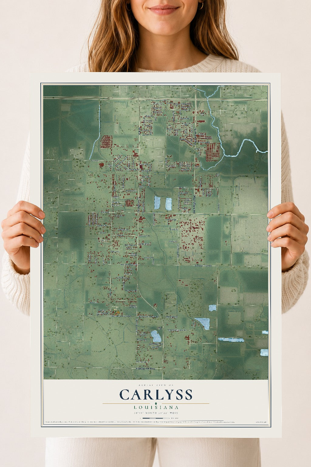 Map of Carlyss, Louisiana, 18 x 24 inch unframed archival matte print