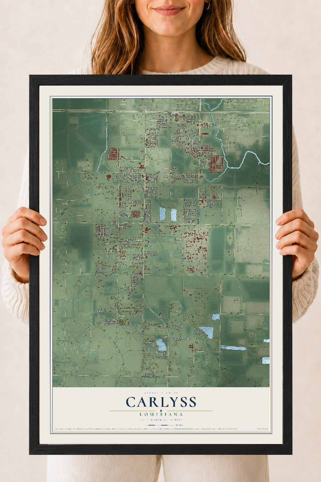 Map of Carlyss, Louisiana, 18 x 24 inch print in a black wood frame