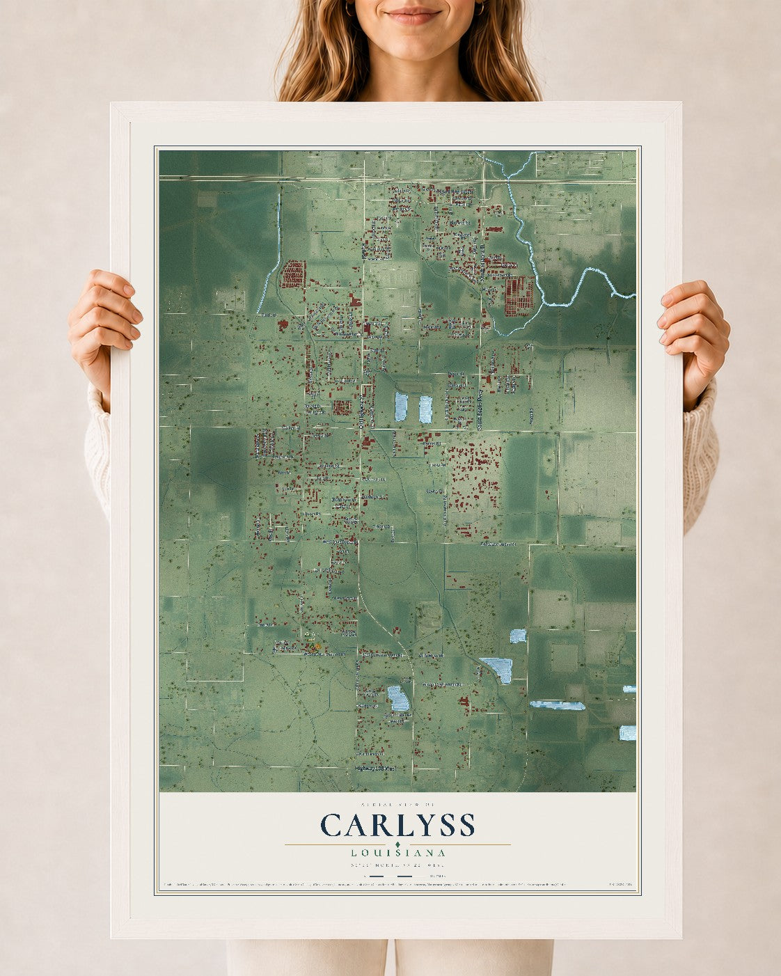 Map of Carlyss, Louisiana, 24 x 36 inch print in a white wood frame
