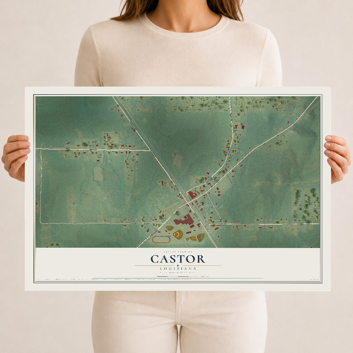 Map of Castor, Louisiana, 12 x 18 inch unframed archival matte print