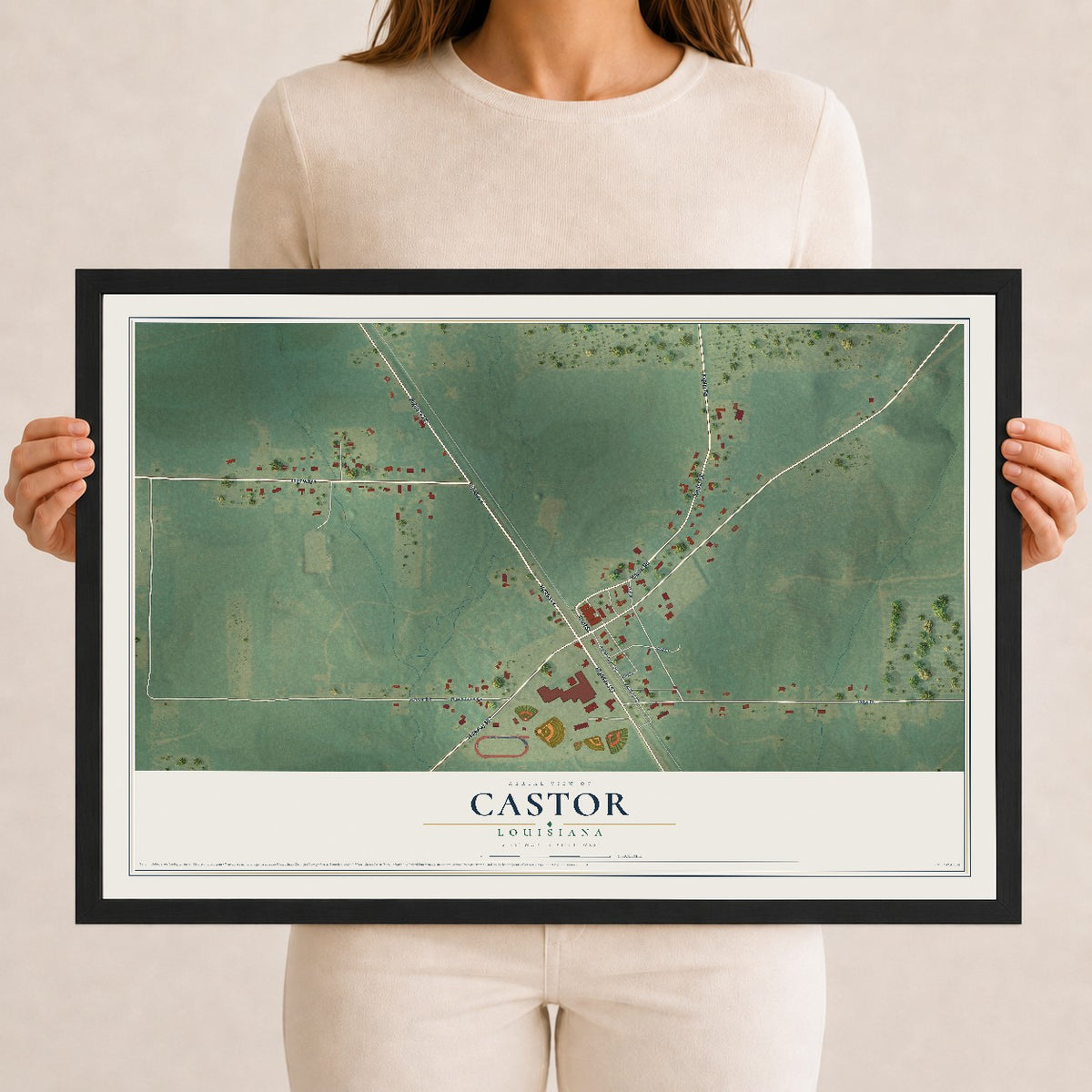 Map of Castor, Louisiana, 12 x 18 inch print in a black wood frame