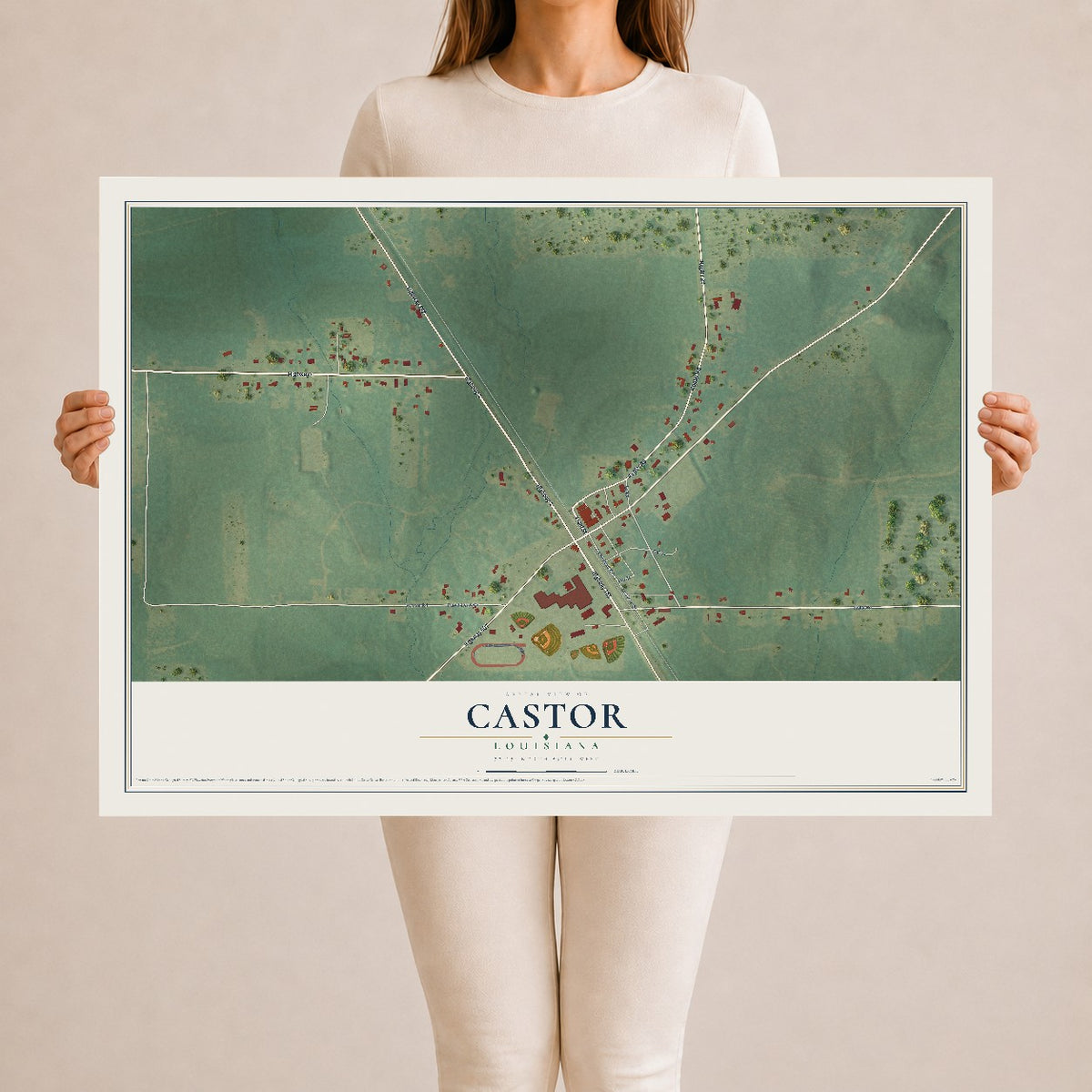 Map of Castor, Louisiana, 24 x 36 inch unframed archival matte print