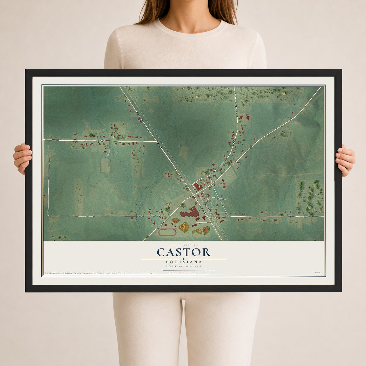 Map of Castor, Louisiana, 24 x 36 inch print in a black wood frame