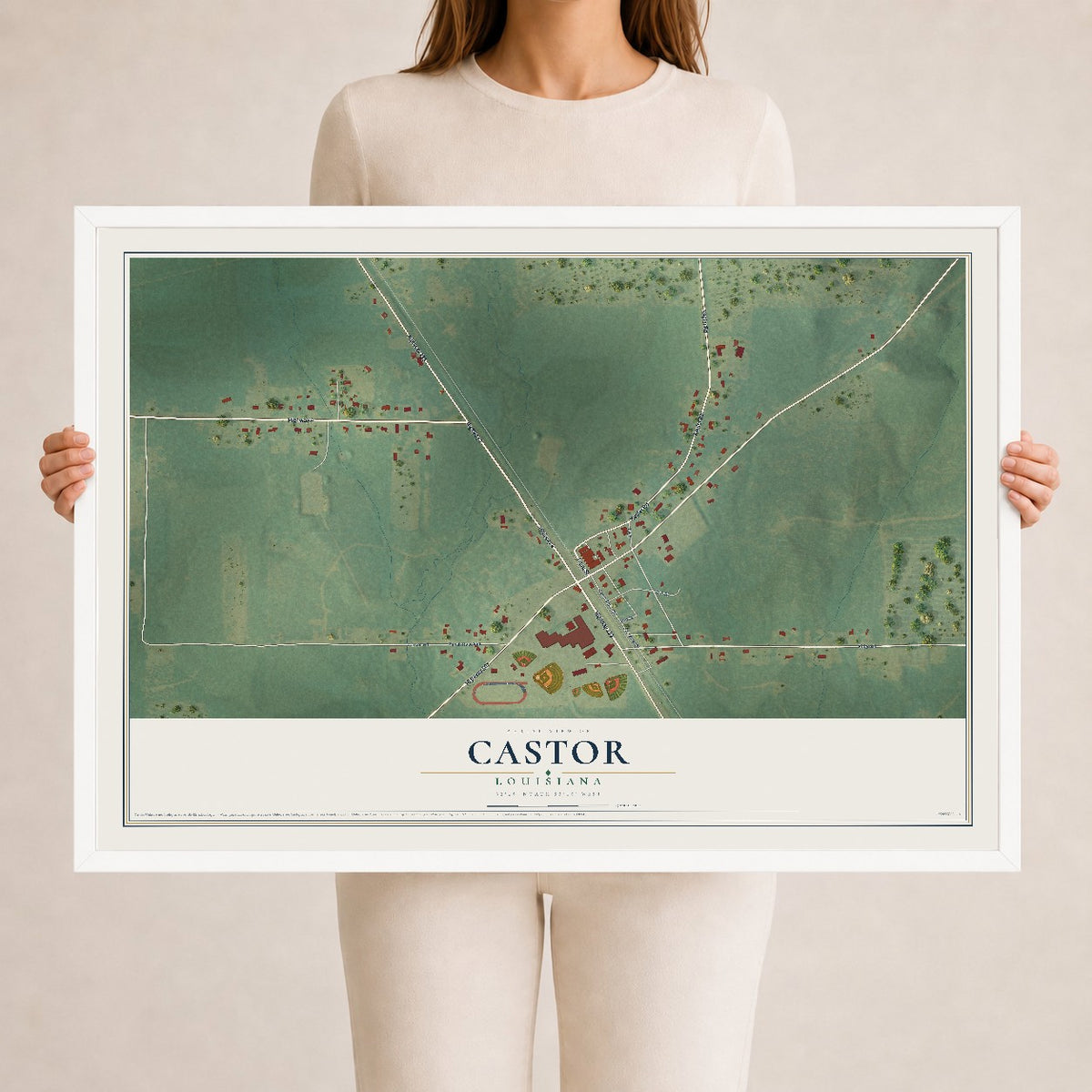 Map of Castor, Louisiana, 24 x 36 inch print in a white wood frame