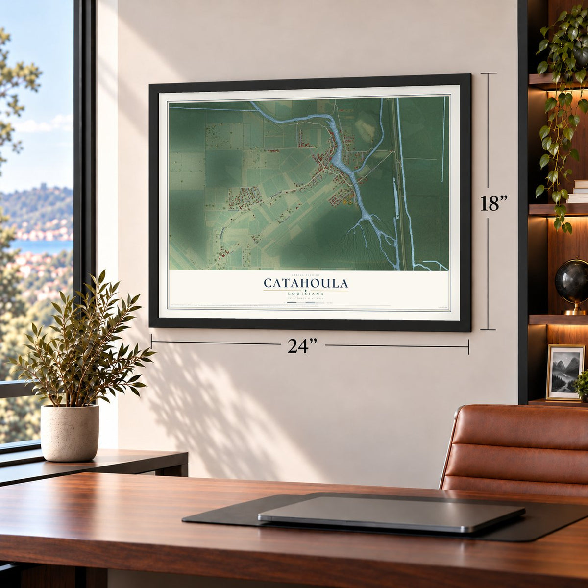 Catahoula, Louisiana map, 18 x 24 inch print in a black frame in a home office