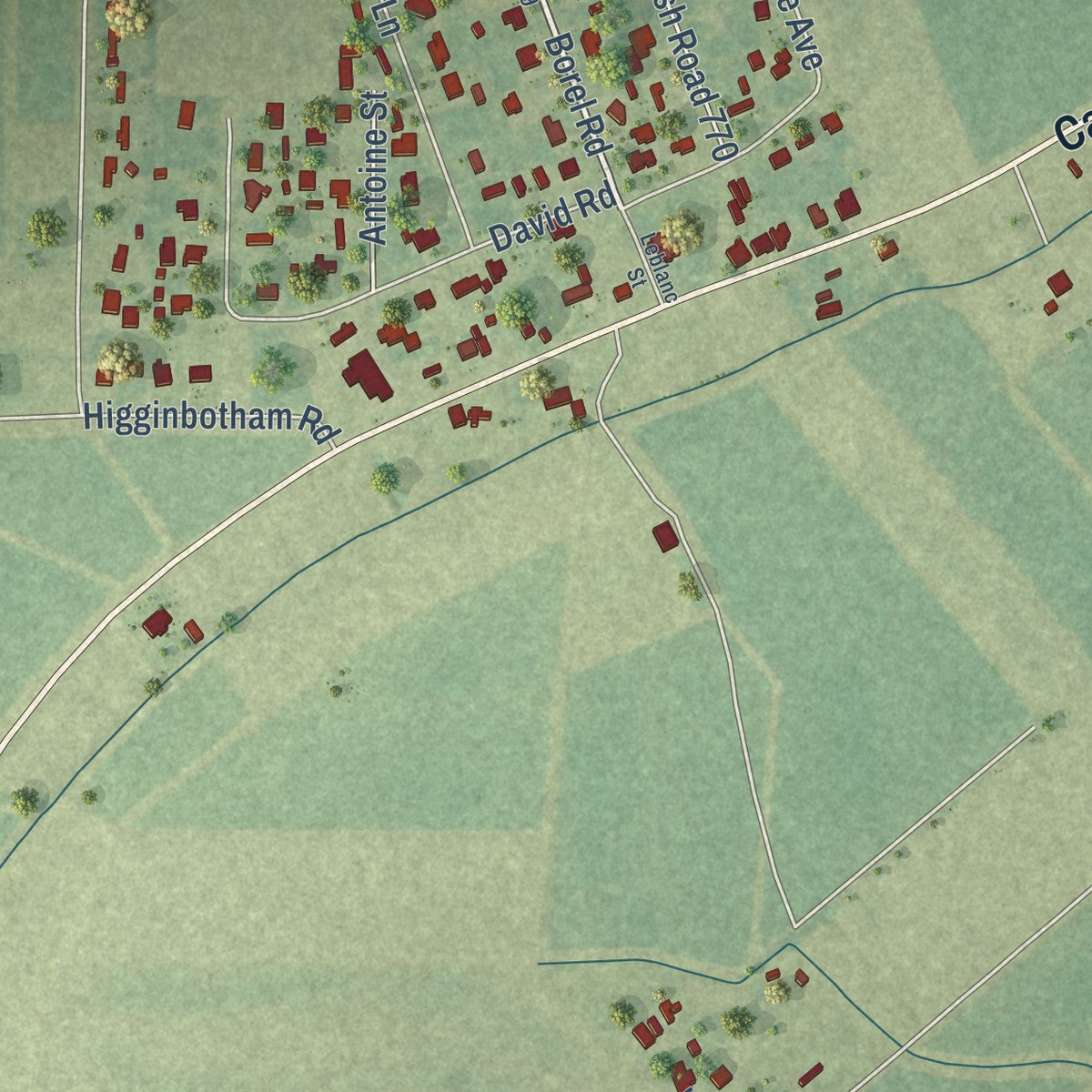 Close-up of the map of Catahoula, Louisiana print showing street and building detail