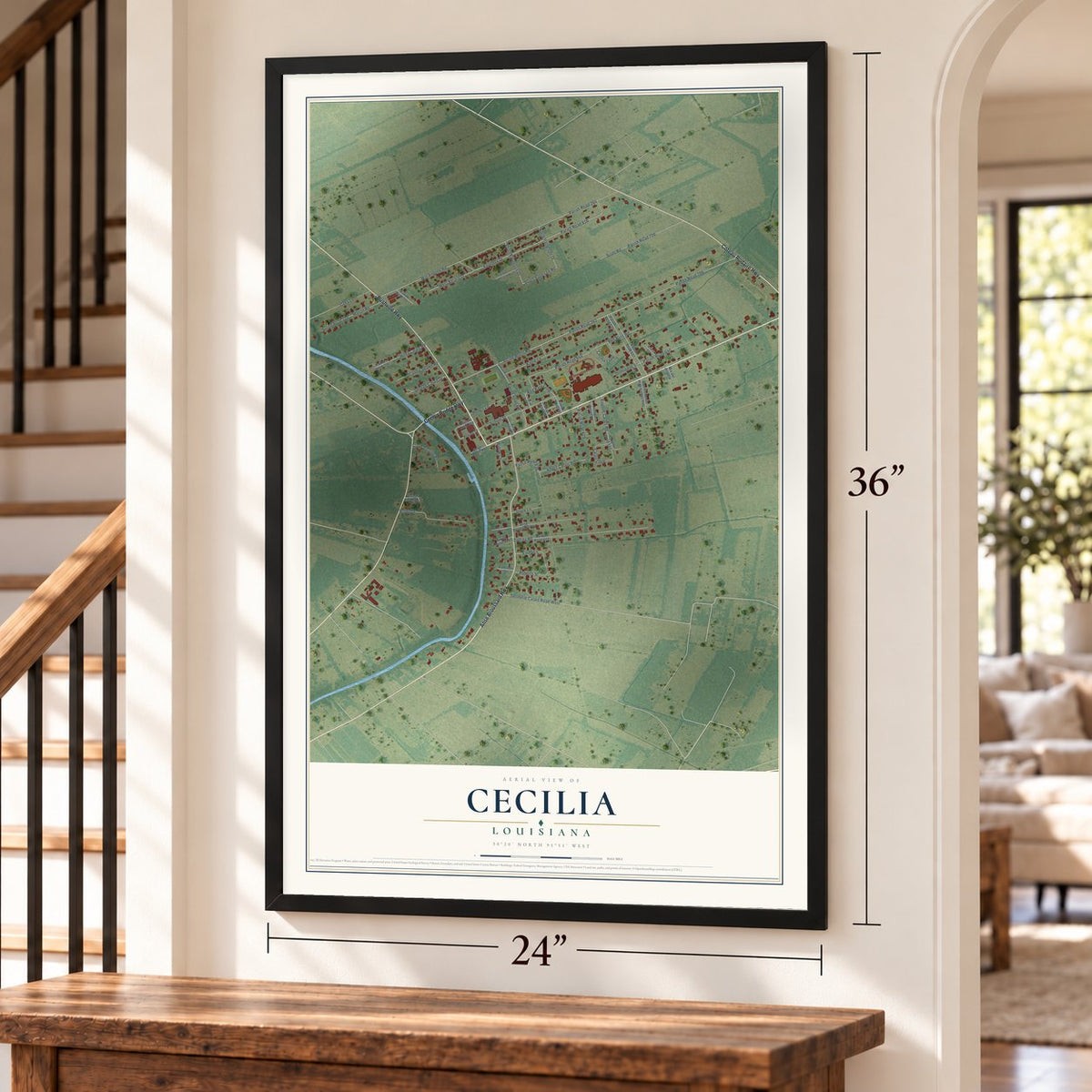 Cecilia, Louisiana map, 24 x 36 inch print in a black frame by a staircase