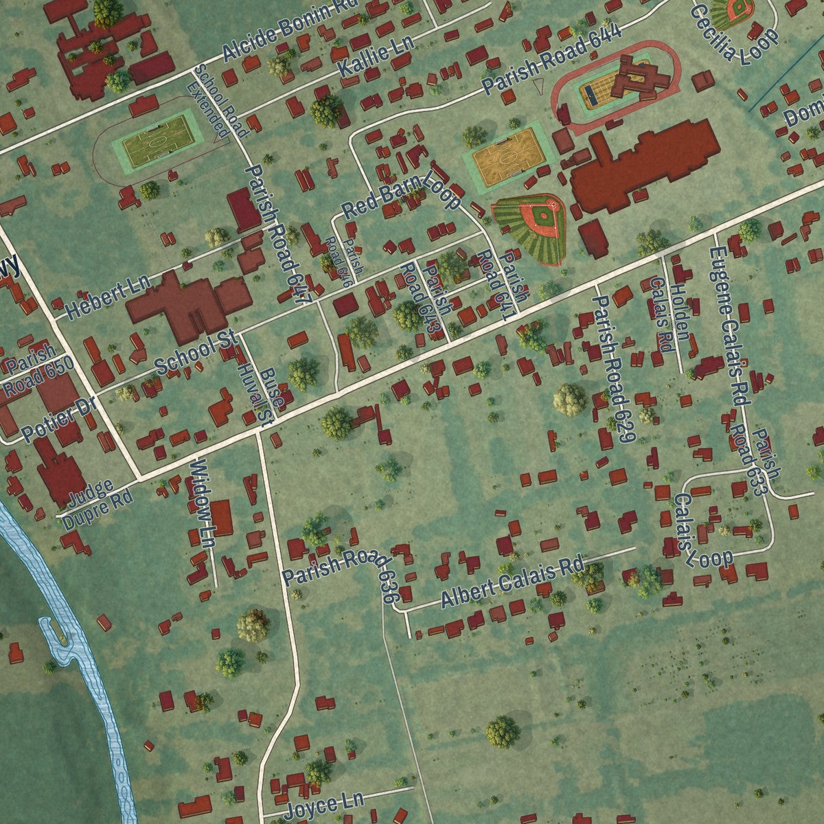 Close-up of the map of Cecilia, Louisiana print showing street and building detail