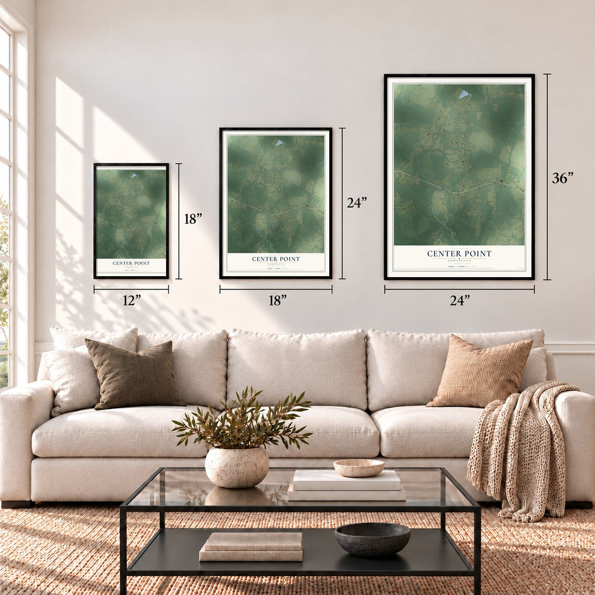 Center Point, Louisiana map in 12 x 18, 18 x 24 and 24 x 36 inch sizes above a sofa