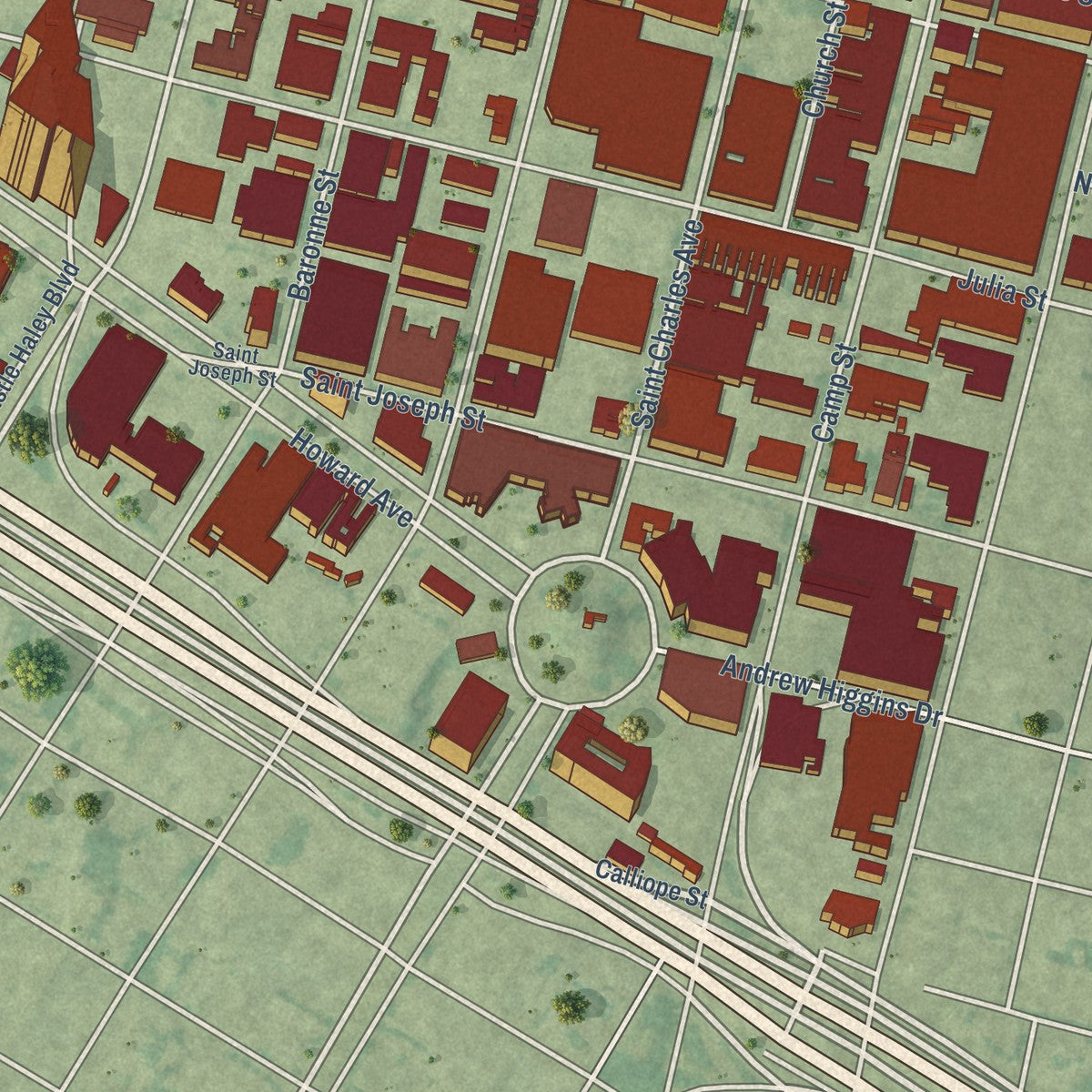 Close-up of the map of Central Business District, Louisiana print showing street and building detail