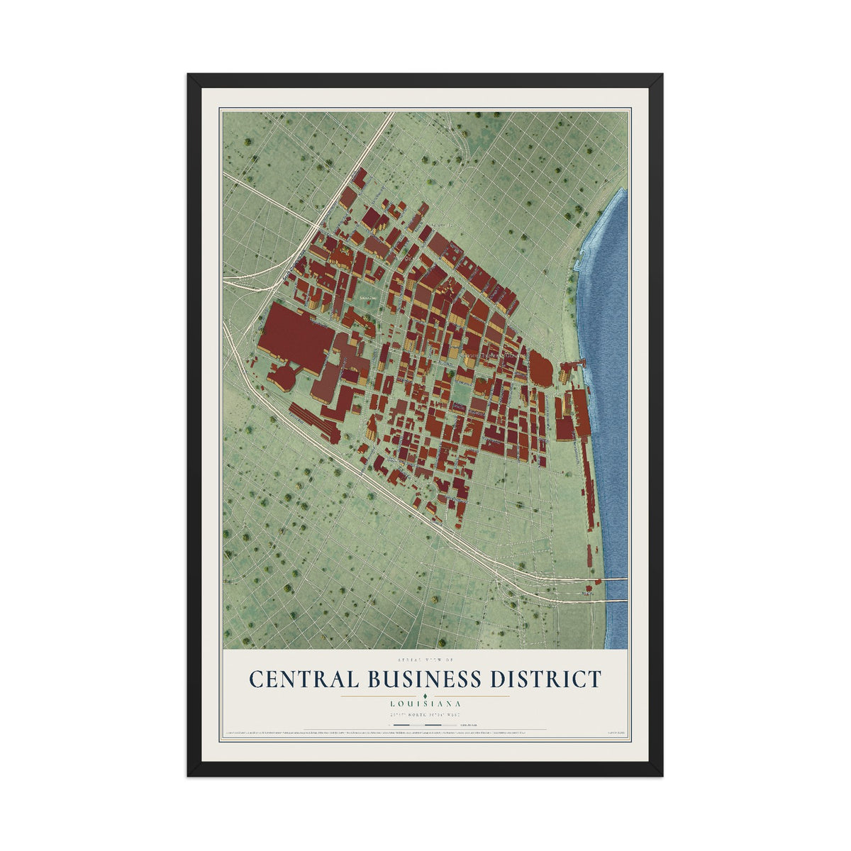 Map of Central Business District, Louisiana, 12 x 18 inch print in a black wood frame