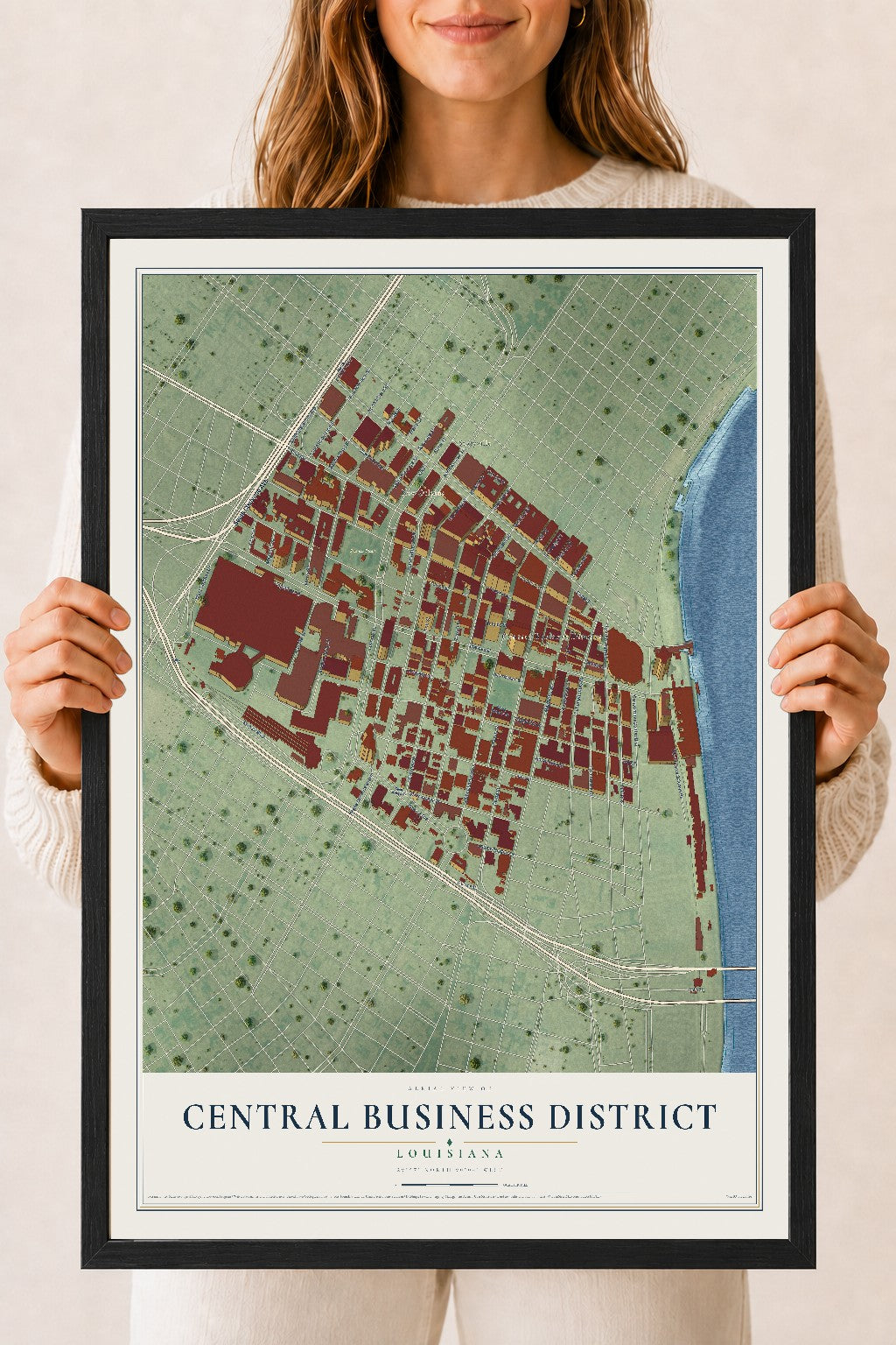 Map of Central Business District, Louisiana, 18 x 24 inch print in a black wood frame