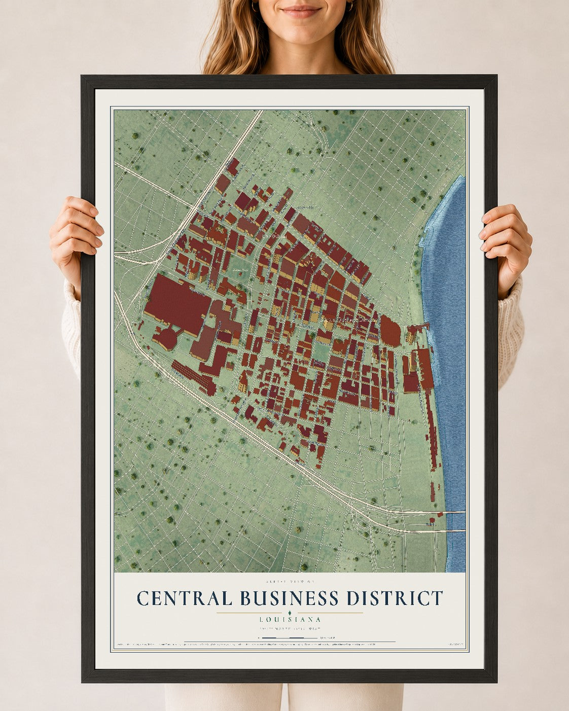 Map of Central Business District, Louisiana, 24 x 36 inch print in a black wood frame