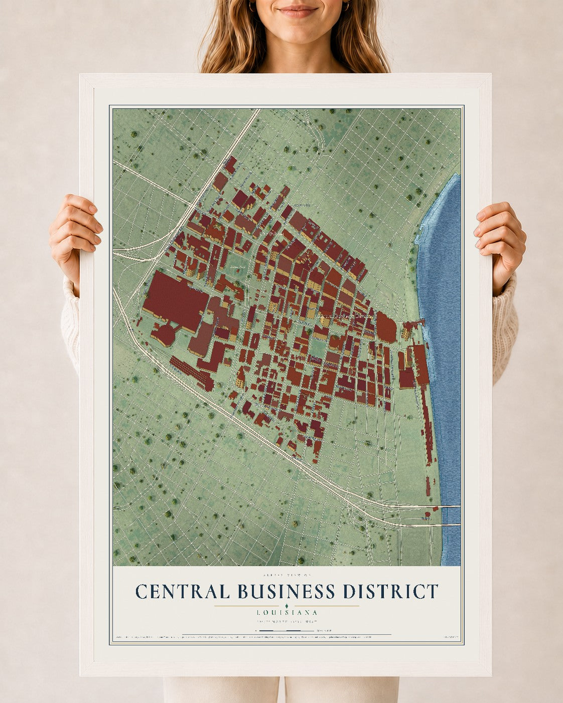 Map of Central Business District, Louisiana, 24 x 36 inch print in a white wood frame
