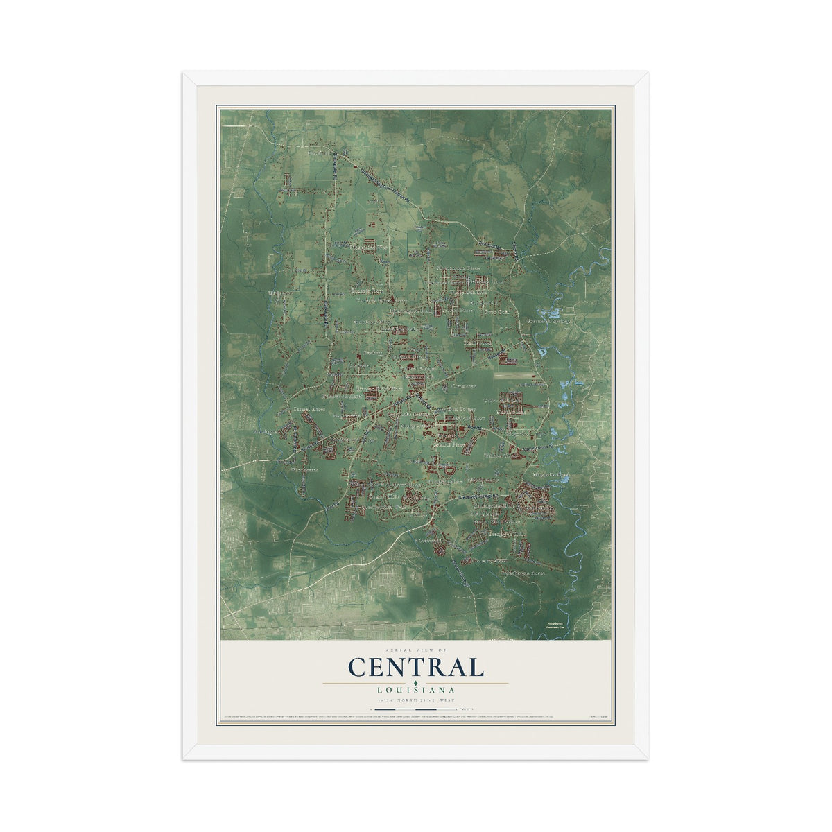Map of Central, Louisiana, 12 x 18 inch print in a white wood frame