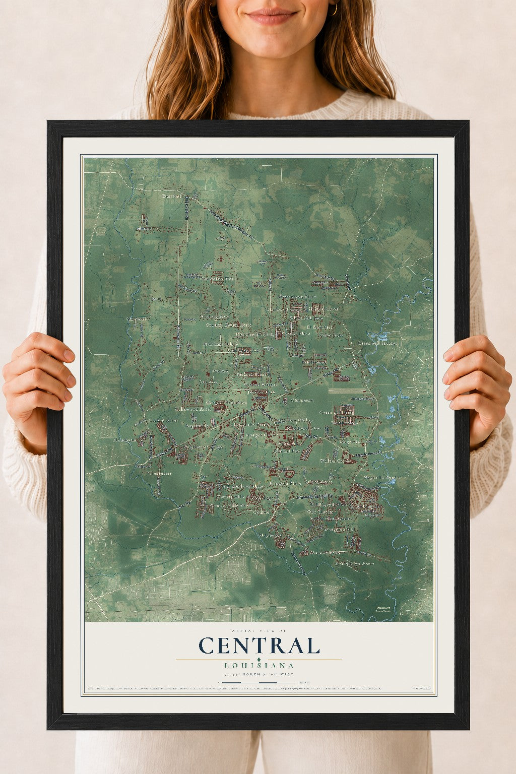 Map of Central, Louisiana, 18 x 24 inch print in a black wood frame