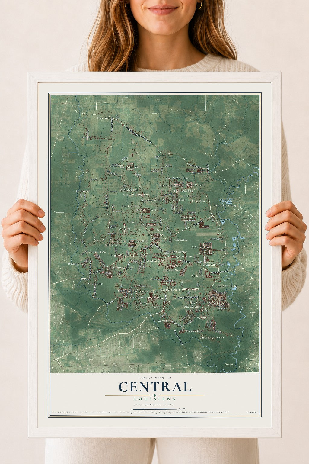 Map of Central, Louisiana, 18 x 24 inch print in a white wood frame