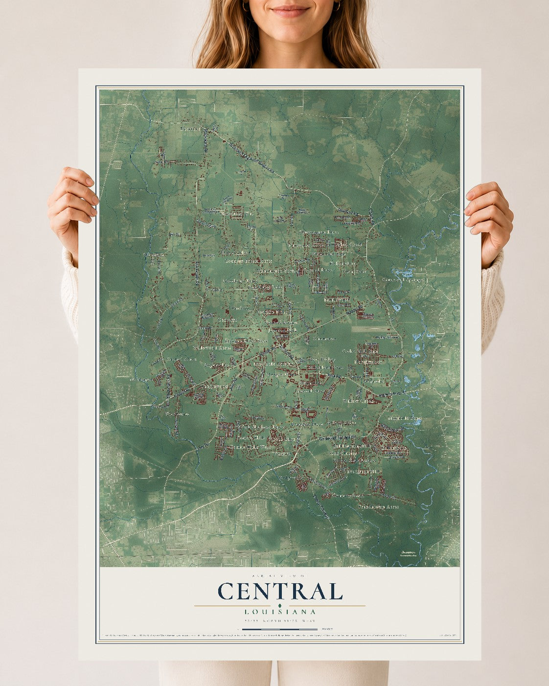 Map of Central, Louisiana, 24 x 36 inch unframed archival matte print