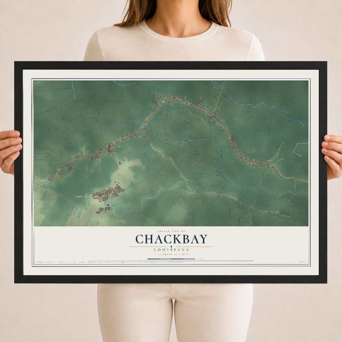 Map of Chackbay, Louisiana, 18 x 24 inch print in a black wood frame