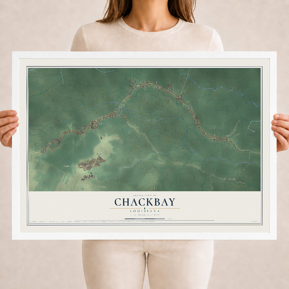 Map of Chackbay, Louisiana, 18 x 24 inch print in a white wood frame
