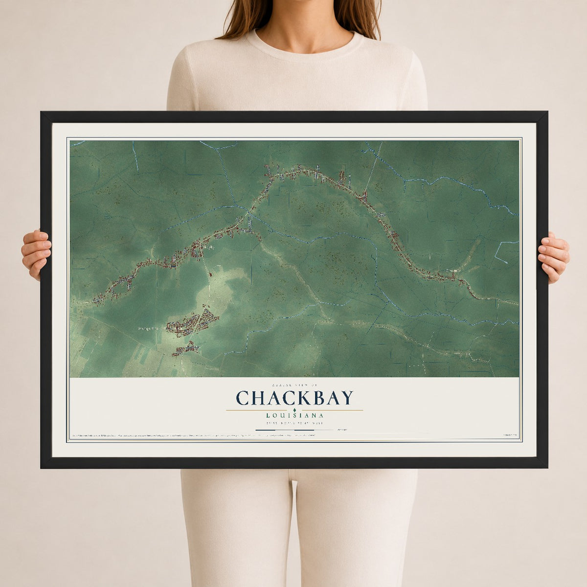 Map of Chackbay, Louisiana, 24 x 36 inch print in a black wood frame